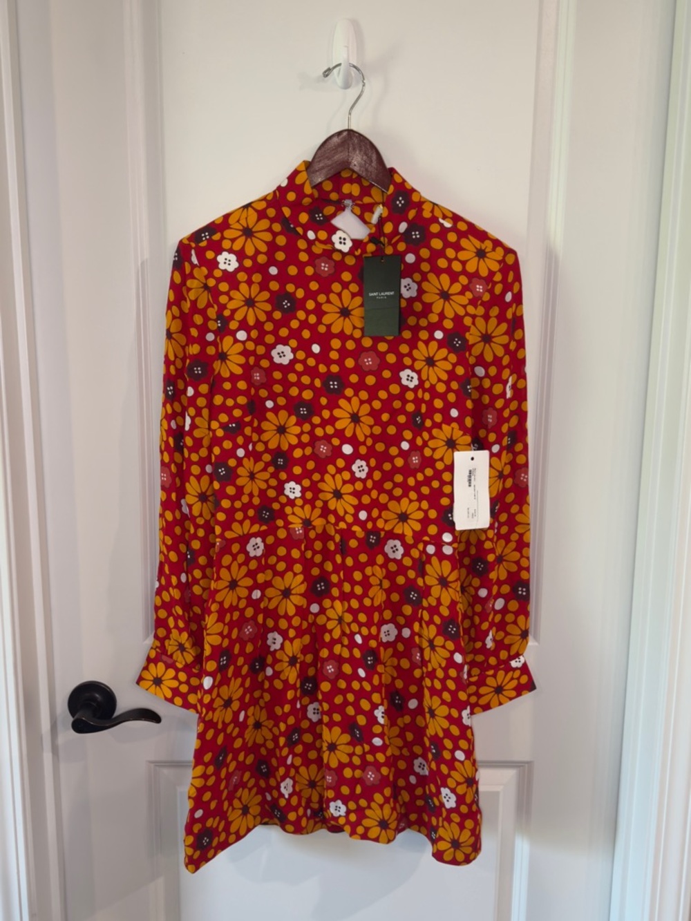 Saint Laurent Belted High Neck Flower Print Dress Red and Jaune - Picture 2 of 16